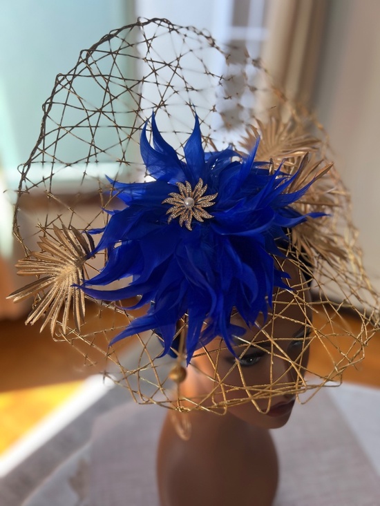Kentucky Derby Royal Blue Feathered Flower and Gold Woven Fascinator